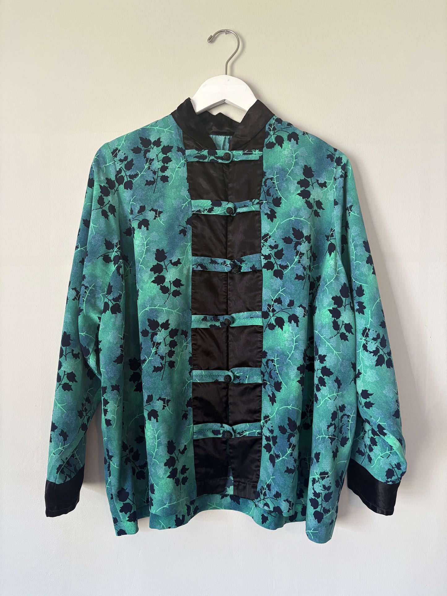 Handmade Green Blue Asian Button Up Blouse - 2XL