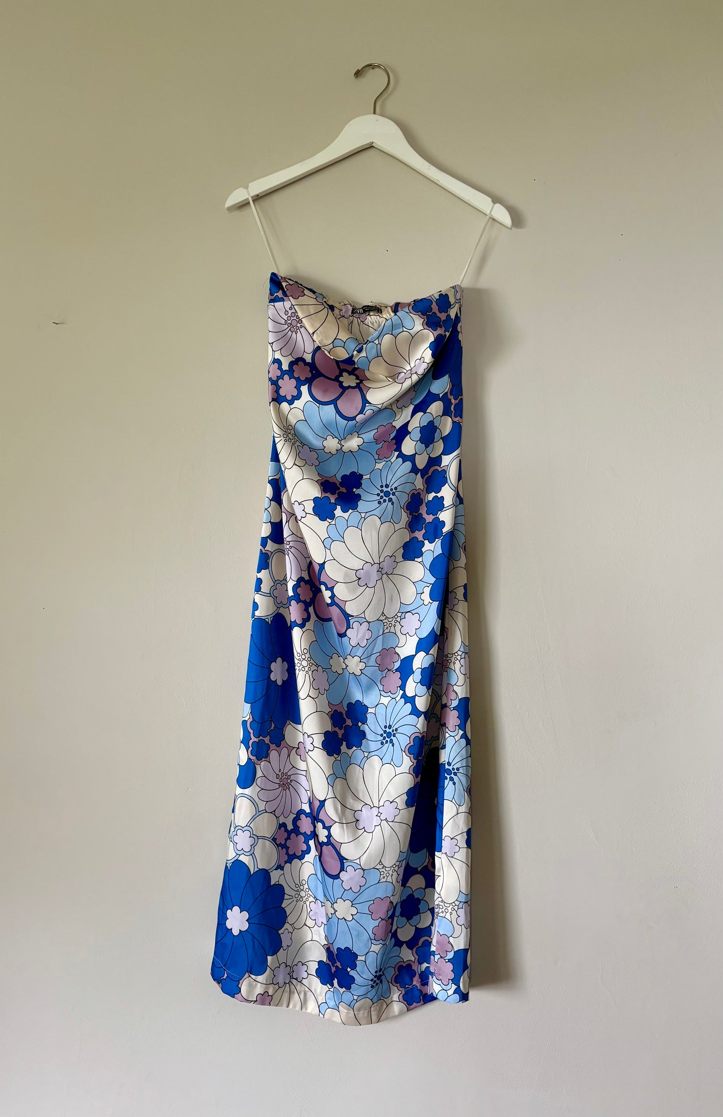 Zara Blue, Cream, Purple Strapless Retro Floral Print Dress - S