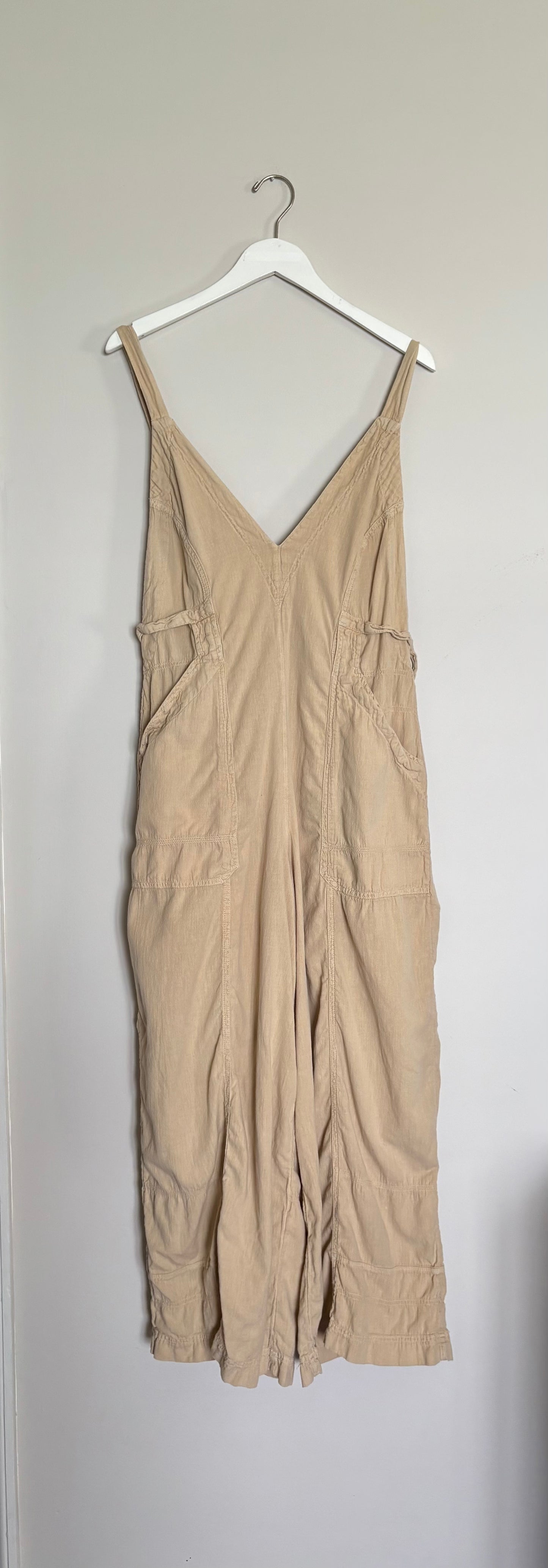 Free People Tan V-Neck Wide Leg Utility Jumpsuit - L