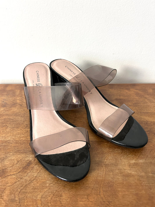 Chinese Laundry Black Translucent Strap Heels - 7.5