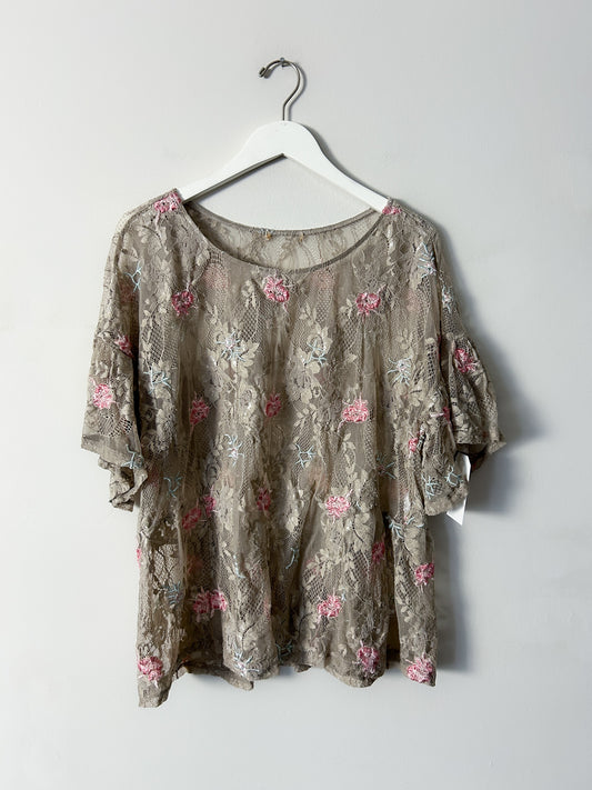 Democracy Beige Embroidered Lace Top - XL