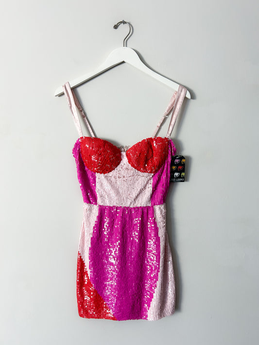 Asos Lace & Beads Pink & Red Sequin Dress - 6