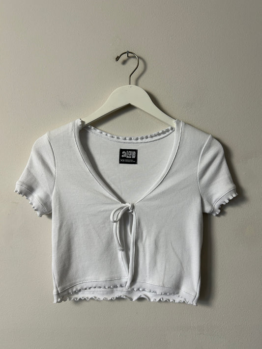 A.LAB White Rib Tie Front Ruffle Hem Tee - XS