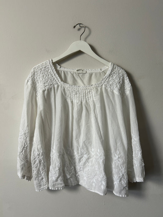 GAP White Embroidered Peasant Blouse, Crochet Trim - XL