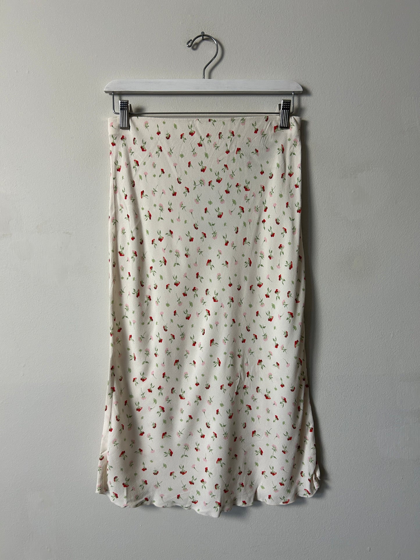 H&M White/Pink Floral Bias Skirt - Small