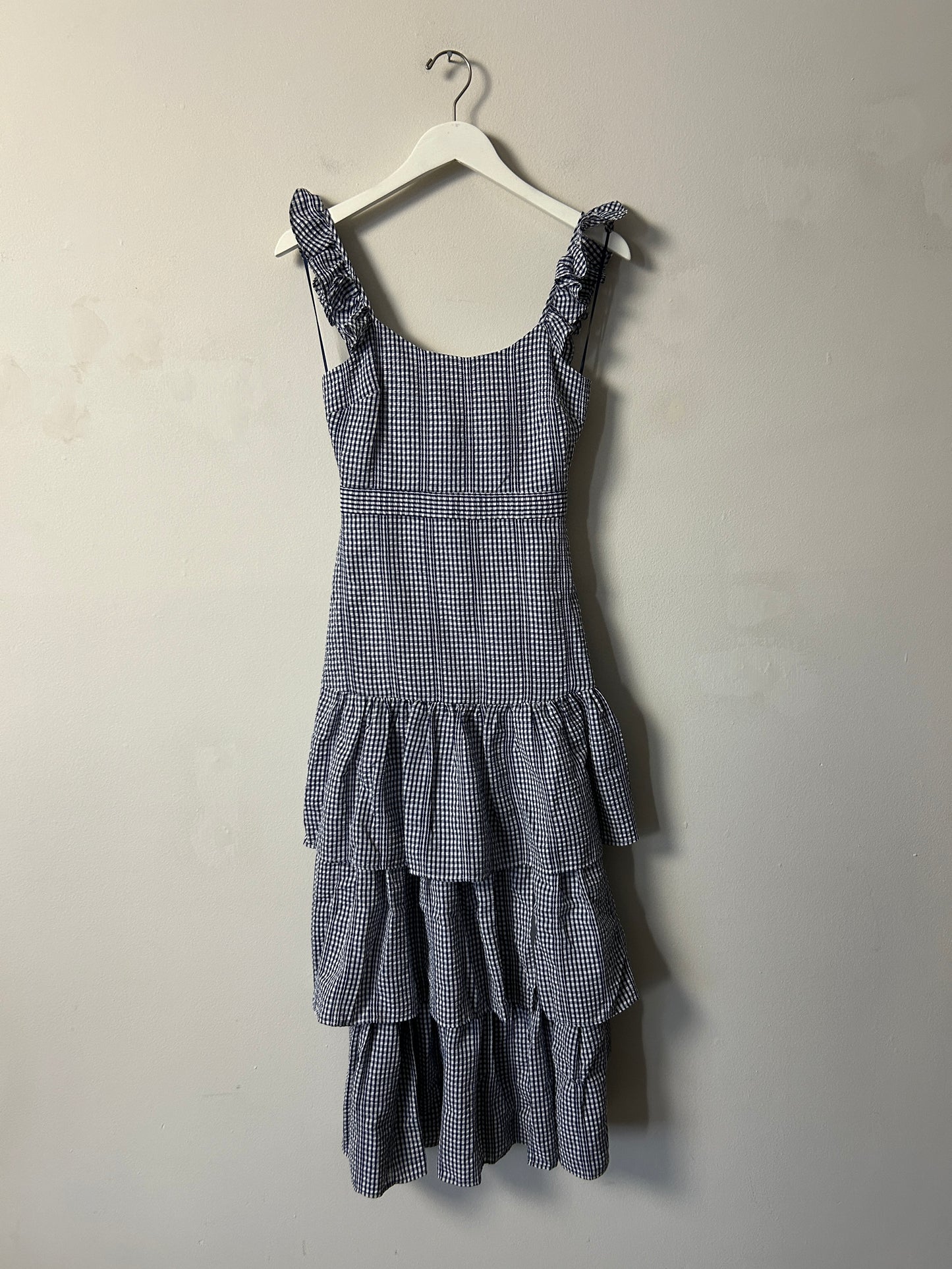 Likely Navy Gingham Drop Waist Ruffle Maxi Dress - 00