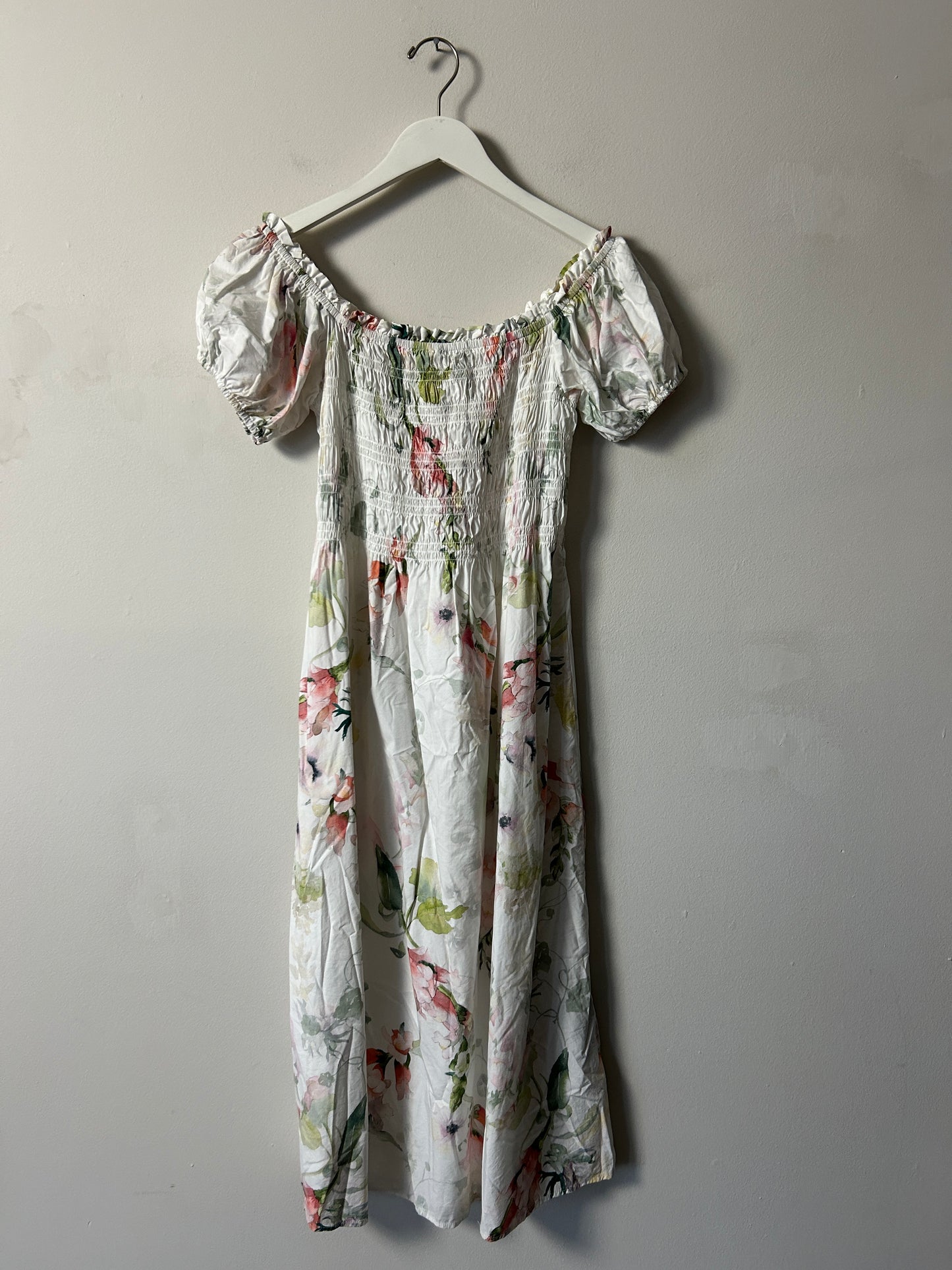 H&M White Puff Sleeve Floral Maxi Dress - Medium