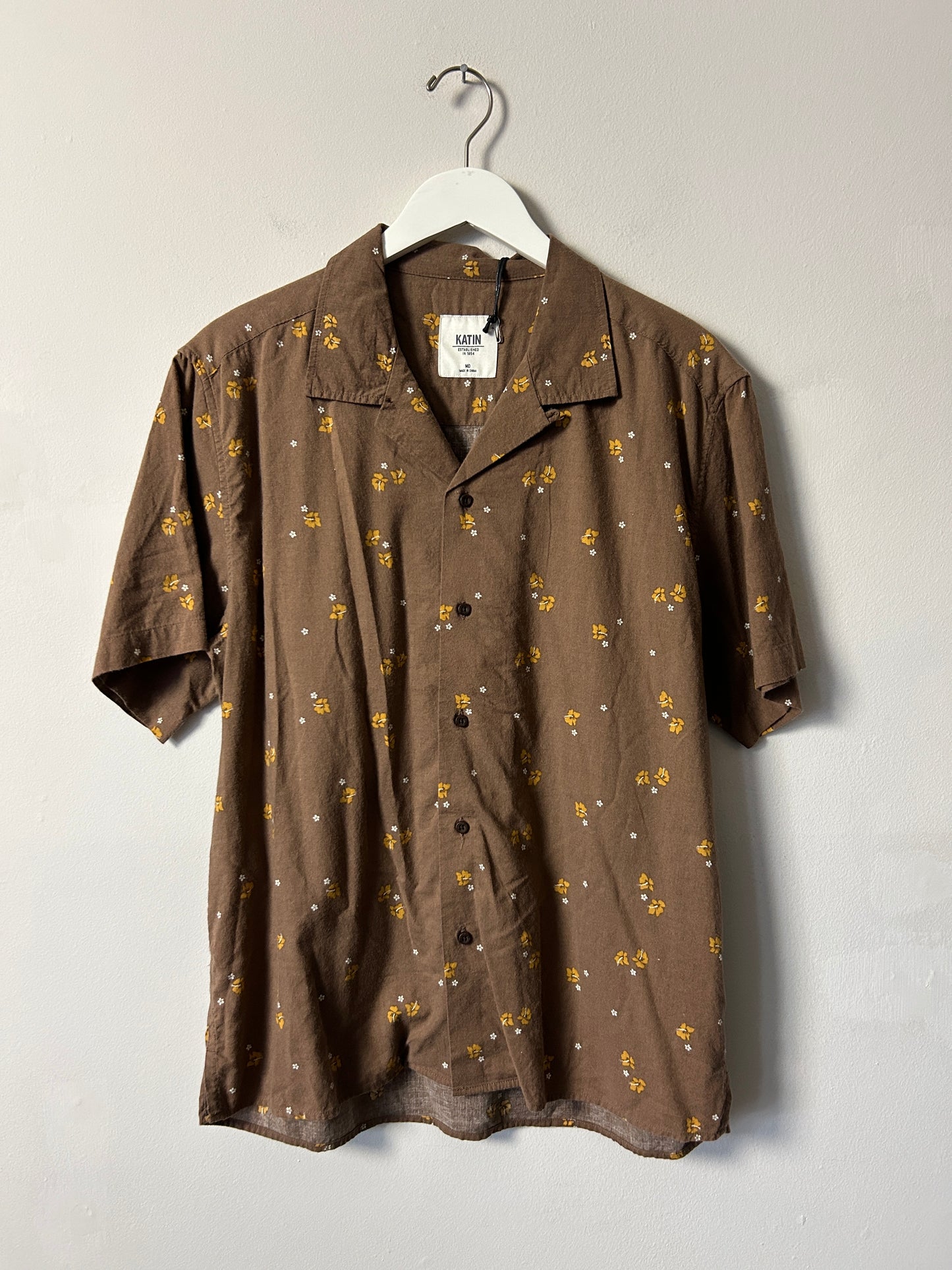 Katin Brown Floral Print Short Sleeve Button Up - Medium