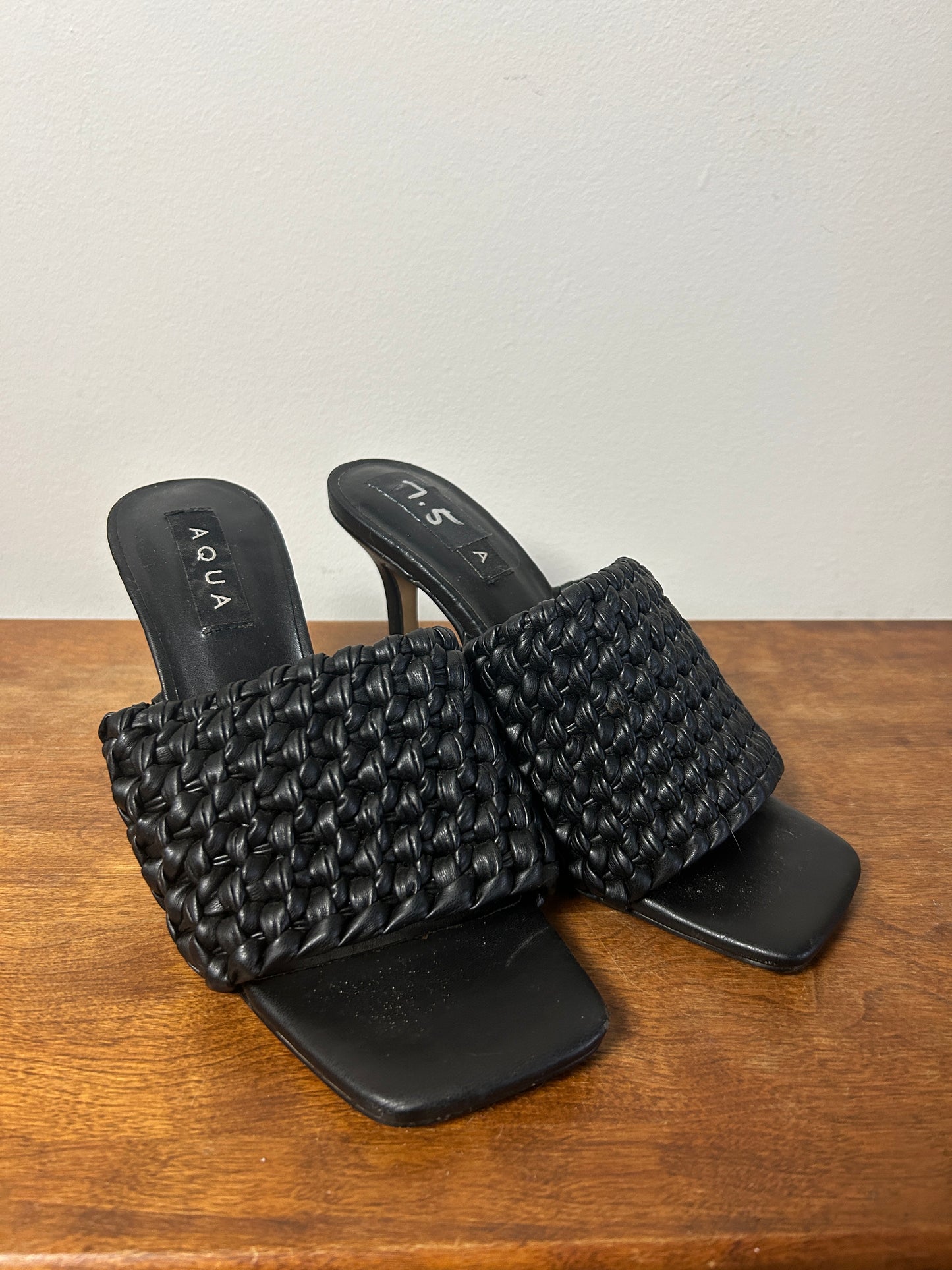 Aqua Black Woven Open Toe Sandal Heel - 7.5