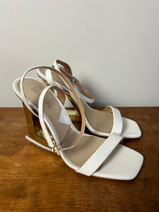 Schutz White Sandals with Gold "L" Heels - 8